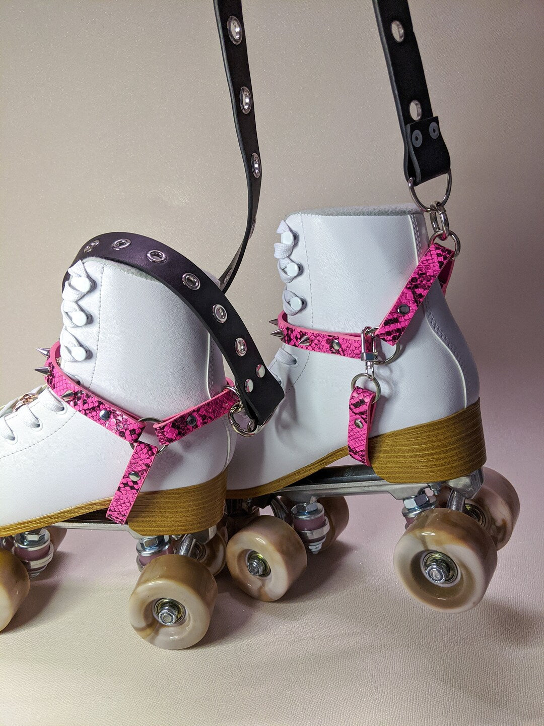 Roller Skate harness strap leash carry Neon Pink Snake Skin print Black Silver spikes -FREE SHIPPING