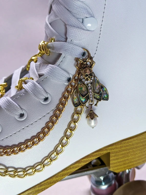 Roller Skate shoe lace accessories diamond Glass Crystal shiny: Gold Skull Gold Moth Scarab Beetle rhinestone with pearl - shoelace Charm