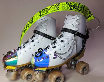 Roller Skate harness strap leash carry Neon Green Snake Skin print and croc Silver spikes -FREE SHIPPING