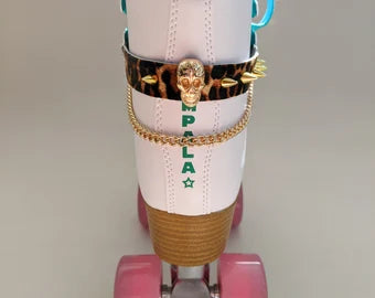 Real leather REINFORCED Roller Skates Toe cap cover guard- Hair on Cow Hide, Leopard Print - Spikes Gold