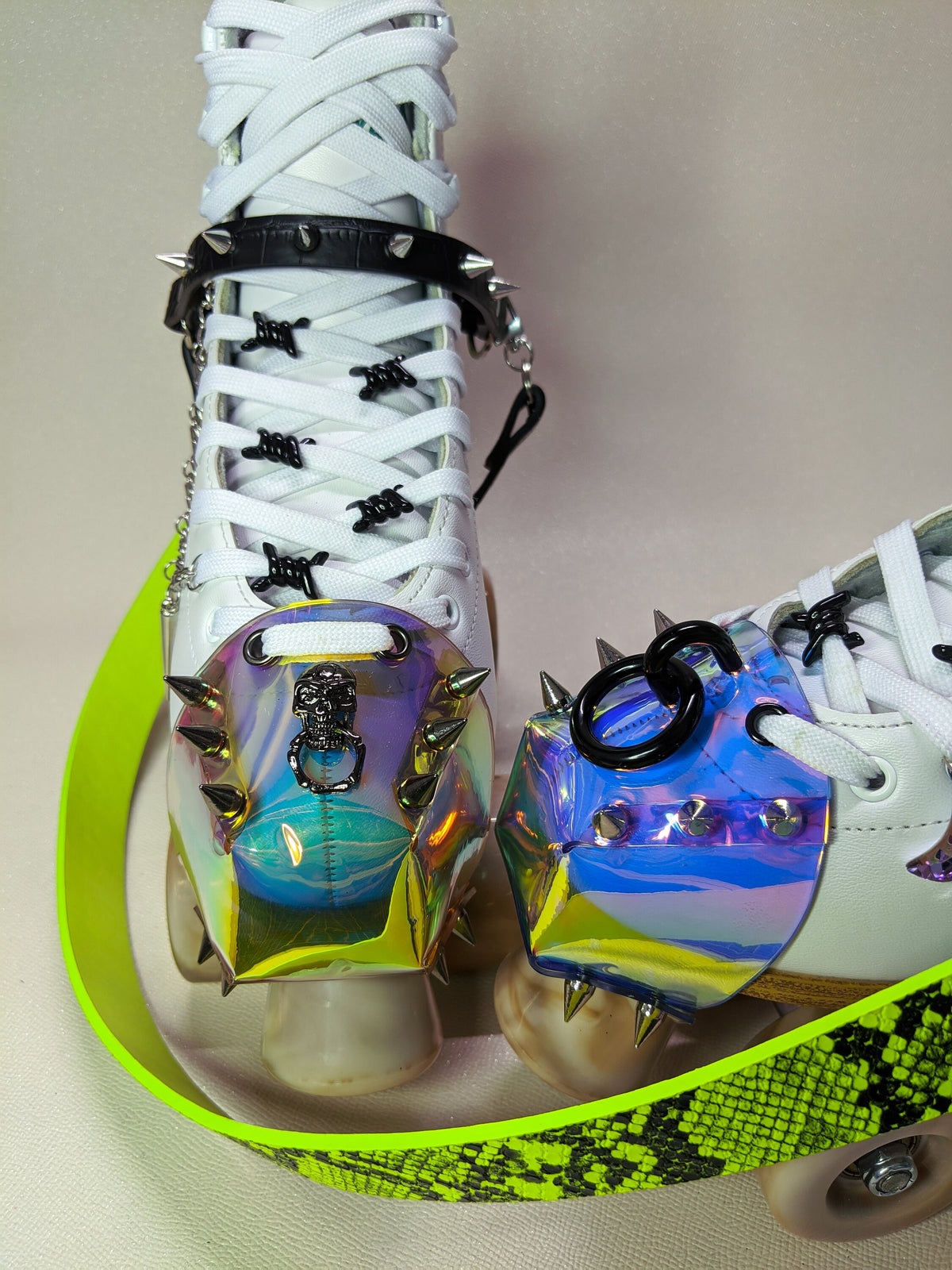 Roller Skate harness strap leash carry Neon Green Snake Skin print and croc Silver spikes -FREE SHIPPING