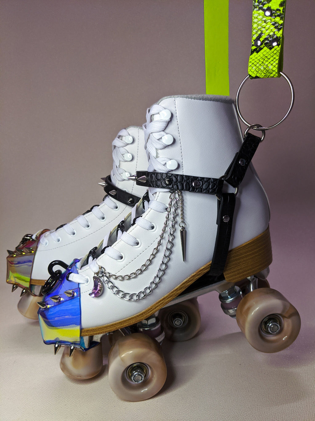 Roller Skate harness strap leash carry Neon Green Snake Skin print and croc Silver spikes -FREE SHIPPING