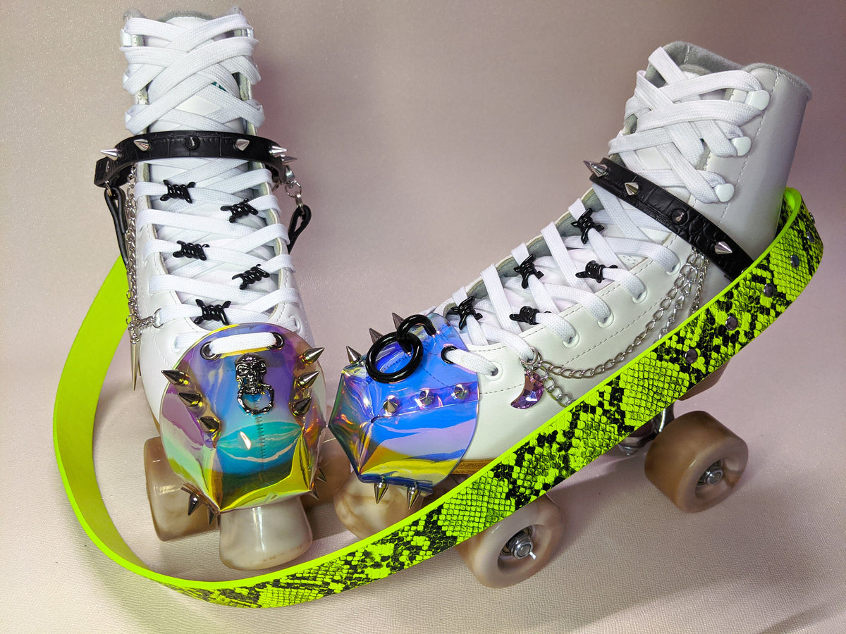 Roller Skate harness strap leash carry Neon Green Snake Skin print and croc Silver spikes -FREE SHIPPING