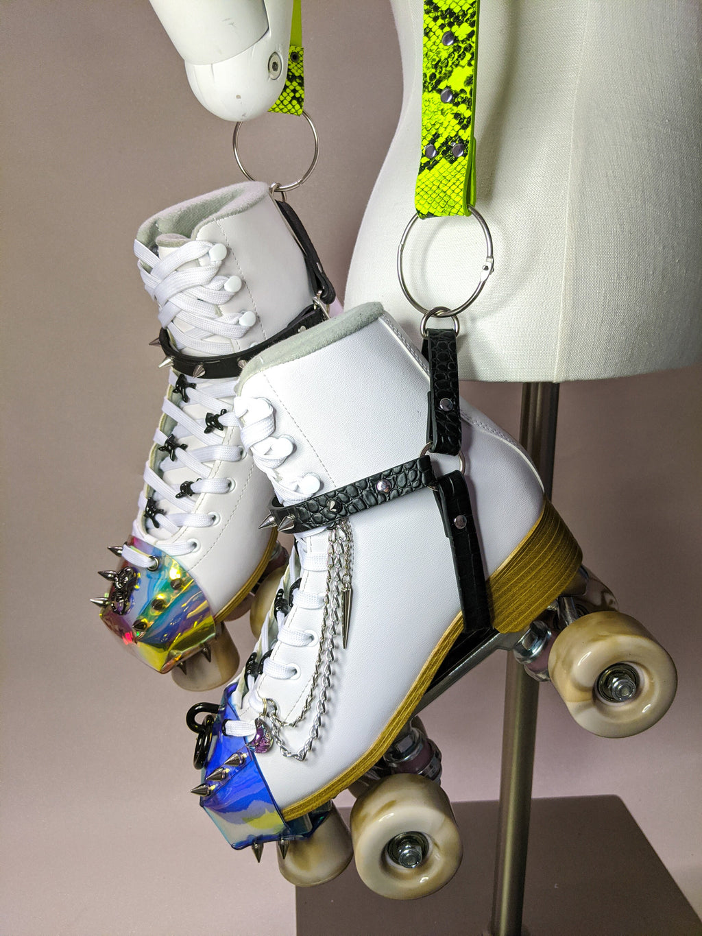 Roller Skate harness strap leash carry Neon Green Snake Skin print and croc Silver spikes -FREE SHIPPING