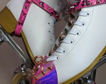 Roller Skate harness strap leash carry Neon Pink Snake Skin print Black Silver spikes -FREE SHIPPING