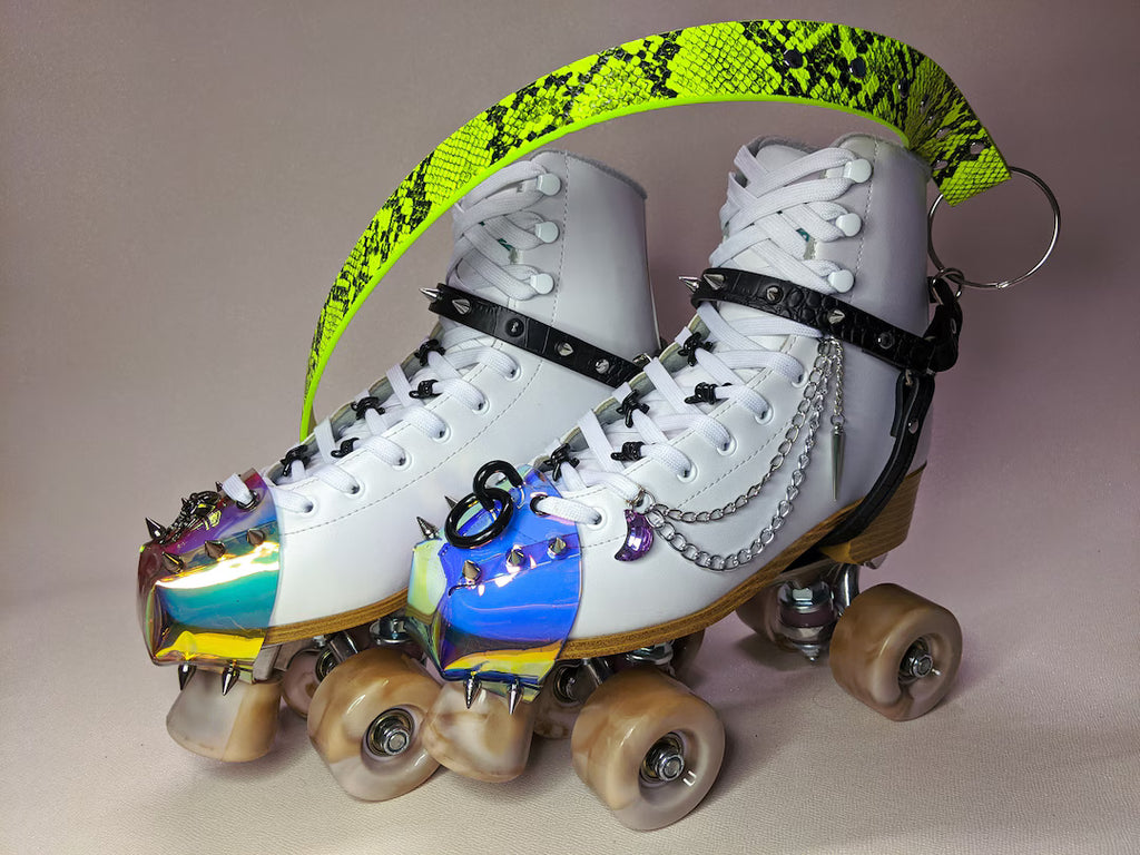 Roller Skate harness strap leash carry Neon Green Snake Skin print and croc Silver spikes -FREE SHIPPING