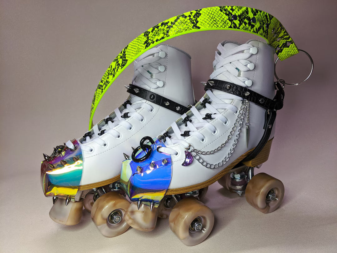 Roller Skate harness strap leash carry Neon Green Snake Skin print and croc Silver spikes -FREE SHIPPING